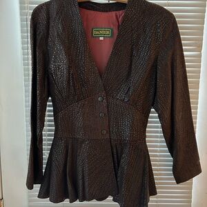 Danier Brown Textured Leather Peplum Blazer